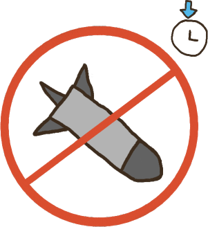 a missile with a red cancel symbol over it. there is a clock above it, with a blue arrow pointing to the clock.